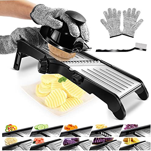 Myiosus Mandoline Cuisine Professionnelle, Coupe Legumes Multifonctions en Inox avec Epaisseur de Tranche Réglable, Mandoline de Cuisine Japonaise pour Julienne avec Protège Main et Gants de Sécurité