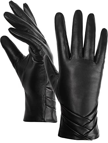 GSG SINCE 1998 Lederhandschuhe Damen aus chromfreiem Lammfell, Gefüttert mit Wolle, Warme Touchscreen-fähige Fahrhandschuhe Schwarz L