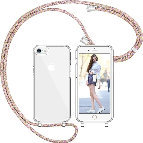 Nupcknn Handykette für iPhone 7/8/SE 2020/2022 Hülle mit Band,Dünn Transparent Handyhülle (Abnehmbar) Necklace mit Kordel zum Umhängen Kameraschutz Handy Kette Stossfest Schutzhülle (Regenbogen, 4.7)
