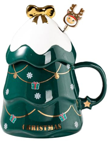 Cabilock 500ml Weihnachtstasse Groß mit Deckel & Löffel - Keramik Kaffeebecher Tannenbaum Grün, Lustige Teetasse für GlühweinKakao, Kaffeebecher & Milchtasse, Weihnachtsgeschenke für Frauen & Büro