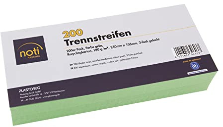 200 Trennstreifen in grün, 24 x 10,5cm, gelocht, 180g/m² recycelter Karton, zum Sortieren von Dokumenten, bedruckbar