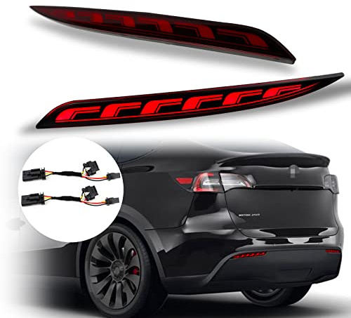 PGTOPONE Smoked Housing Red LED Rear Bumper Reflectors Fog Brake Tail Light Lamps Turn Signal Light Compatible with Tesla Model 3 Standerd Long Rang 2017-2022 Plug and play（Red,Model 3）