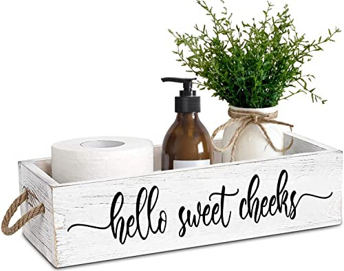 PZJIEAN Funny 2 Sides Hello Sweet Cheeks White Bathroom Decor Box with Handle, Farmhouse Bathroom Decor Box for Toilet Paper, Back of Toilet Organizer