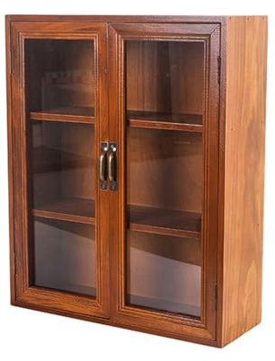 RZGZKLSH Vintage Countertop Cabinet14.5x5.2x18Medicine Cabinet,Display Case with Organic Glass Door,Kitchen Cabinets with Drawers,Spice Cabinet,Apothecary Cabinet,Organization and Storage (Brown)