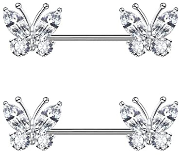 VERAMI 14G Stainless Steel CZ Butterfly Nipple Rings 316L Nipple Barbell Rings Body Piercing for Women Men