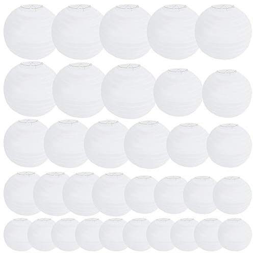 Lot de 34 lanternes chinoises RISVOWO blanches en papier - Lanternes volantes rondes pour décoration de maison, fête et mariage - Diamètres 10/15/20/25/30 cm