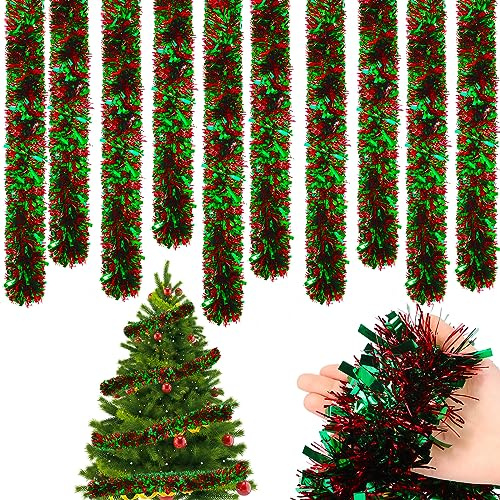 Cindeer 66 Feet/20 Meters Christmas Tinsel Garland Decoration Chunky Thick Garland Hanging Luxury Tinsel for Christmas Party Indoor and Outdoor Decor(Red, Green)