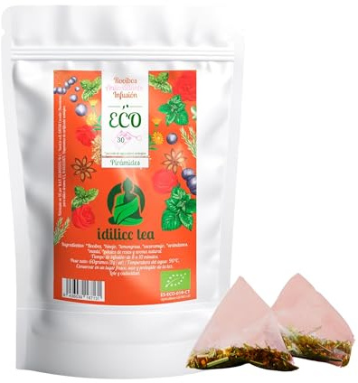 IDILICC TEA Infusion de Rooibos 100% Ecológico. 30 Pirámides. Bolsitas de Te Rojo Sudafricano Natural con Hinojo y Tila. Roibos Relajante. Reduce Acidez Estomacal. Infusiones Variadas