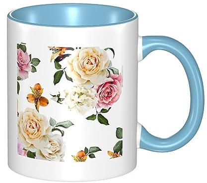 RFSHOP Tazza da caffè in ceramica, color crema, stile shabby chic, con rose, da viaggio, personalizzata, per tè, bevande, latte, per ufficio e casa
