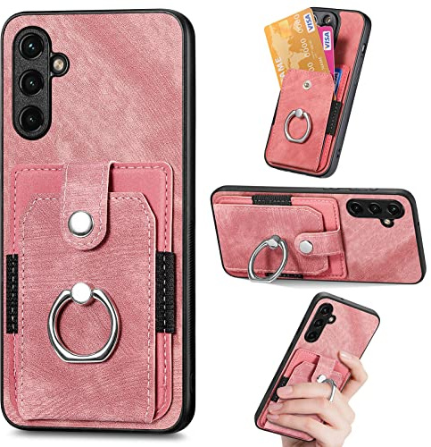 Samsung Galaxy A55 5G Case Samsung A55 5G Phone Case Wallet Shockproof Bumper with Ring Holder Card Slots PU Leather Cover Anit-Fall Anti-Drop Kickstand Shell Cover for Samsung A55 5G, Pink