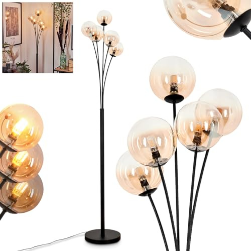 Stehleuchte Bernado, Stehlampe aus Metall/Glas in Schwarz/Bernstein/Klar, Leuchte im modernen Retro/Vintage-Design mit Schirmen aus Glas (Ø 12 cm), dimmbar über Fußschalter, 5 x G9, ohne Leuchtmittel