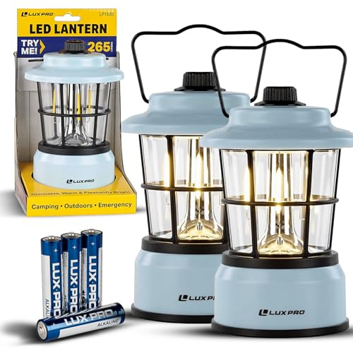 LUXPRO Retro LED Lantern - Battery-Powered Emergency Lantern - Water Resistant - Bright LED Lamp for Indoor & Outdoor Use - Use for Tents, Hiking or Hurricane Prep (Blue, Pack of 2)