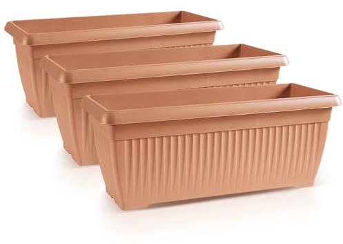 IMJ-Global Set di 3 Vasi per Fiori Piante Rettangolari Terra DTT In Plastica 60x25,7x23,8cm Da Interno Esterno Colore Terracotta Volume 18 Litri Design Moderni