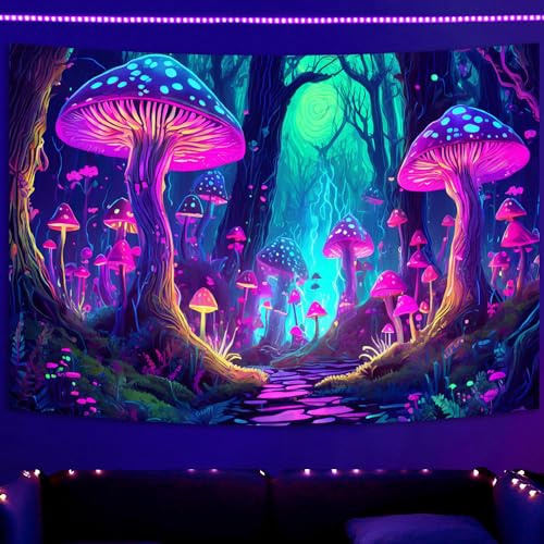 SparkLia Fantasie-Pilz-Wandteppich, Schwarzlicht, magischer Neon-Wald, Bäume, bunt, UV-reaktiv, leuchtender Wandteppich, Wandbehang für Schlafzimmer, ästhetisch, 130 x 150 cm