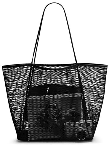 Genérico Bolsa de Playa de Malla Grande XXL Familiar, Bolsa de Playa con Cremallera, Bolso de Hombro Plegable Bolsa Juguetes para Playa Viaje Compras Camping (Negro)