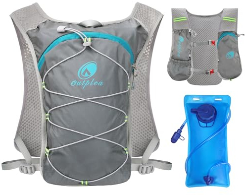 Outplea Zaino Idratazione Running con Vescica 2L, Zainetto Running Leggero Donna Uomo, Zaino Acqua per MTB Ciclismo Maratona Trekking, Grigio