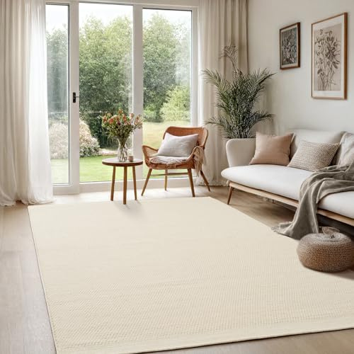 The Carpet Deluxe Wool Hand-Woven Wool Rug in a Natural Scandinavian Bohemian Style, Artisan Work for a Unique Style, Cream, 200 x 290 cm