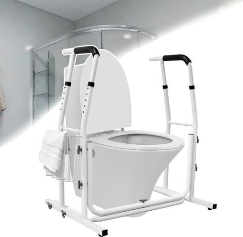 FIVMEN Aide au relèvement des toilettes, supports de WC réglables en hauteur, sans perçage, avec accoudoirs et panier de rangement, pour personnes âgées, charge maximale : 200 kg
