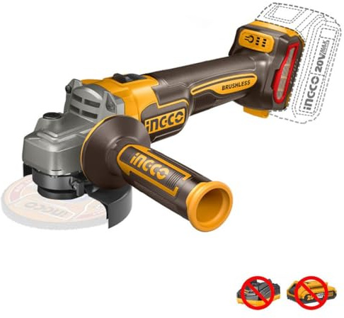 Ingco Cagli21154 - Amoladora angular a batería, 115 mm, 20 V, 3 velocidades, motor sin escobillas, solo cuerpo