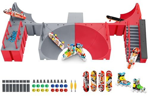 Finger Skateboard Ramp Set, KETIEE 17pcs Deck Fingerboard Skate Park Kit mit 4 Mini Skateboards 1 Fingerskate Fingerskateboard Rampe Mini Finger Skatepark Spielzeug für Kinder Erwachsene