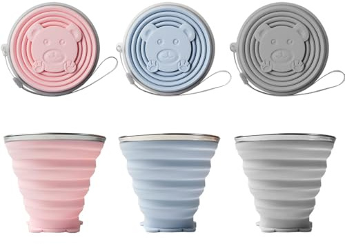 lbxtswpl Faltbarer Becher, 3 Stück Silikon Faltbare Trinkbecher, 180 ML Wiederverwendbares Tragbares Becherset Outdoor Camping Klappbecher Mit Deckel für Wandern Picknick Reisen(Grau/Blau/Rosa)
