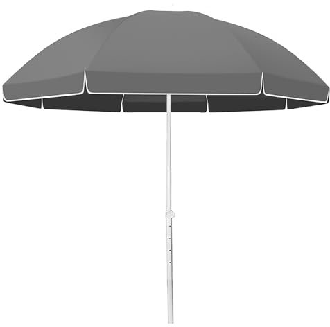 Tragbarer runder Strandschirm mit LSF 50+ UV-Schutz, höhenverstellbarer Sonnenschirm für Pool, Balkon, regenfest und winddicht, 2,6 m, grau, 260cm/9ft