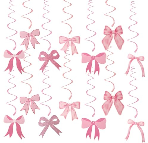 14 Set Rosa Bow Party Hängande Swirls Dekorationer, Coquette Födelsedagsfest Dekorationer Bow Party Dekorationer Bow Streamers för Flickor Födelsedag Bow Party Baby Bruddusch Inredning