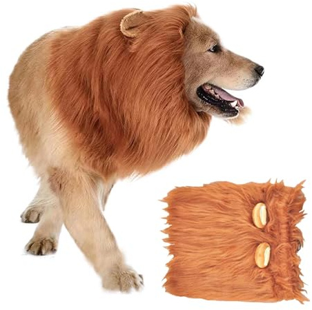 MisFun Criniera Leone per Cane Parrucca con Orecchie Realistiche Costume per Cani Halloween Criniera di Leone per Cani Regolabile Vestiti per Cani per Halloween, Mostre Canine (Bruno-Rossastro)
