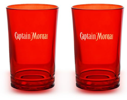 2 Stück Original Captain Morgen Longdrink Cocktail Gläser Likör Gläser-Set mit Captain Morgen Schriftzug, Glas, 0,34l rot