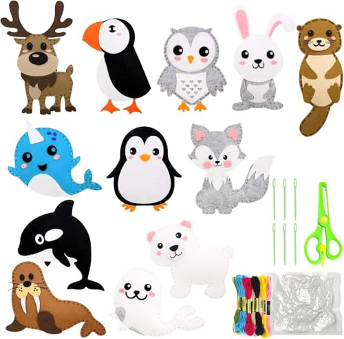 Rayong Nähset Kinder,Tierformen Filz Nähen kinder ab 6 jahre,Animals Sewing Kit,Filz Waldtiere Bastelset,Nähset Für Kinder DIY Art Craft für kuscheltiere (Eistiere)