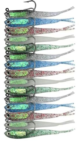 FOLANDO 15pcs Soft Fishing Lures Set, Pre-Rigged Jigs Head, Sea Fishing Lures, Kits