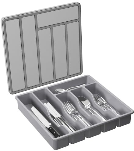 Sxmrmnx Organizador de cubiertos con tapa, bandeja de utensilios cubierta para cajón de cocina y encimera, cubiertos de plástico y cubiertos color gris