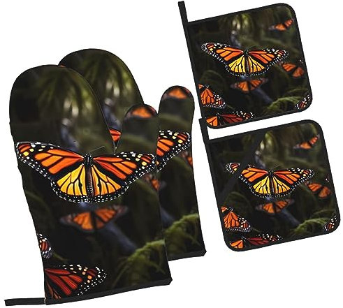 Mitaines De Four Papillons Monarques1 Antidérapant Baking Gloves Professionnel Maniques Cuisine pour Barbecue Cuisson Femmes,4 Pièces