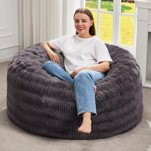 Hobestluk Bean Bag Chairs Beanbag Chair with Filler Adult Bean Bags with Fluffy Ripple Cover, Giant Bean Bag Chairs for Adults (Dark Grey, 3FT - 36 x 36 x 22)