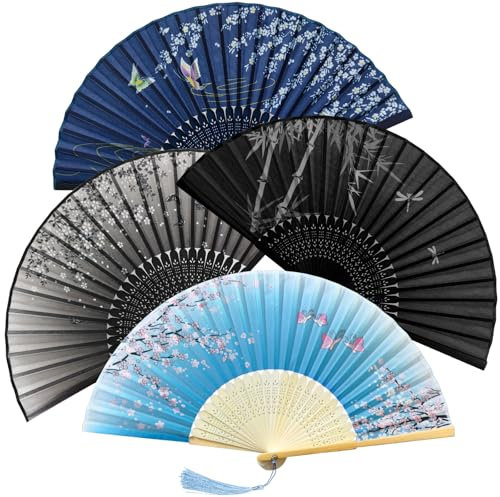 Bellanova 4-Pack Hand Fan Folding Set, Chinese Style Cloth Folding Fans with Tassels, Bamboo Handheld Folding Fan Traditional Pattern Design (4-Pack)