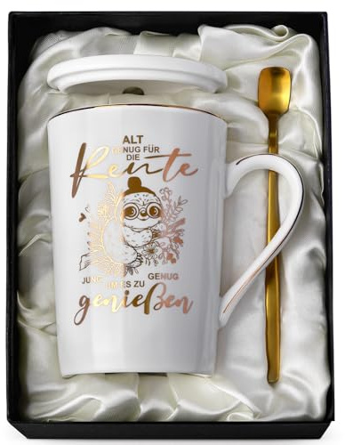 Ruhestand Geschenk, Renteneintritt Geschenk Männer & Frau, 14Oz Kaffeetasse | Rentner Geschenke Frau Mann Tasse für Kollegen, Rente Keramik Kaffeebecher mit Goldener Druckgrafik Deckel Löffel Geschenkbox