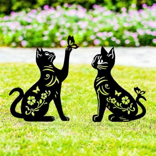 Pali decorativi da giardino in metallo per Gatto,confezione da 2 statue a forma di Gatto nero,per cortile,giardino,prato, decorazioni per esterni,regali per amanti dei Gatto