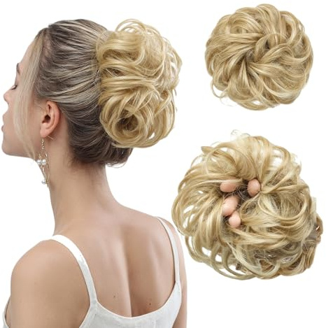Ziyonix Messy Hair Scrunchies 2Pcs, Thick Curly Wavy Hair Piece Synthetic Scrunchies Buns Extensions Donut hair Chignons Hairpiece Scrunchy scrunchie Bun for Women Girls, Bleach blonde