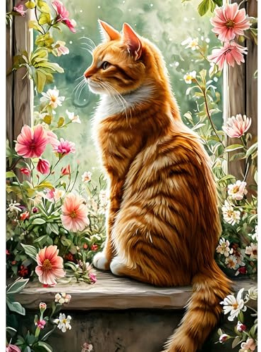 DPHERO DIY Kätzchen Diamant Painting Kits Bilder für Erwachsene Anfänger,5D Fenster Diamond Painting Set,DIY Runde Steine Blumen Garten Diamant Kunst Kits, Diamant Art für Zuhause Dekor 30x40 cm