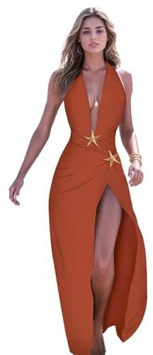 EDOLYNSA - Costume da bagno intero con gonna coperta da donna, costume da bagno a stella marina, costumi da bagno halter, abiti da spiaggia per il giorno festivo, Arancione, M