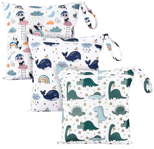 GSrenyu 3 Pcs Wet Bag Waterproof Wet Dry Bags, Reusable Nappy Bag Organiser | Kids Wash Bag Cloth Diaper Bags with Zipper Pockets for Baby Items Wet Clothes Swimming Gym Pool