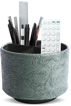Mtzmy Rund Stiftehalter,Leder,360° drehbar,Fernbedienungshalter, drehbarer Nachttisch, TV-Fernbedienung, Schreibtisch-Organizer für Stifte, Bürobedarf, Aufbewahrungsbox(1-Schnitzt Cooper Grün)