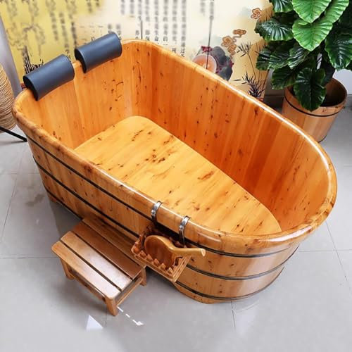 PA-DABAOO Bañera Doble De Cedro Con Banco Y Reposacabezas, Bañera Clásica Oriental De Madera Maciza, Bañera Ovalada Independiente, Fácil De Instalar, Ahorradora De Agua,1.7m/5.6ft