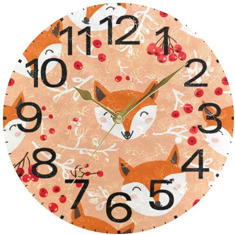 Kutsu Scale Cartoon Fox Wall Clock Silent Non Ticking, Battery Operated Round Clock 10 Inch for Home Bedroom Living Room Kitchen Office School Classroom, Gold
