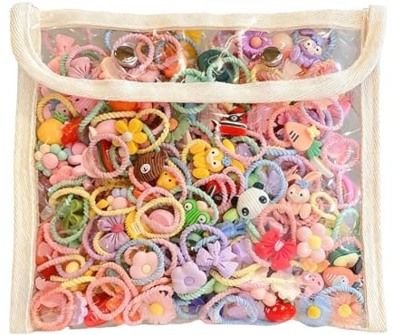 YOFDAL 100 Pezzi Elastici Capelli Bambina, Accessori per Capelli a Tema Cartoni Animati, Elastici Colorati,Con Sacchetto Beige per Riporli