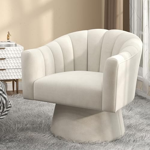 VANTEN Drehsessel Wohnzimmer mit Samt – 360° Drehbarer Sessel mit weicher Polsterung, Runder Armlehnstuhl für Schlafzimmer & Büro | Lesesessel mit Armlehnen(Beige)