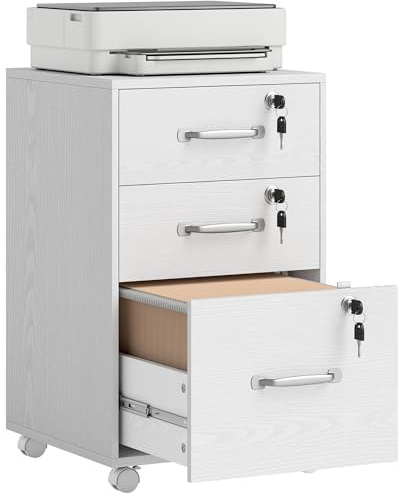 HOMCOM Mobile Filing Cabinet with 3 Drawers and Wheels, Lockable Rolling Under Desk Drawers for A4 and Letter Sized Hanging File Holders, Printer Stand for Home Office, White