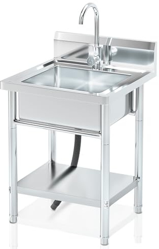 RiveraSink Lavello in Acciaio Inox Autoportante 50×50×80 cm con Paraspruzzi, Piedini Regolabili e Set di Scarico – Lavello 1 Vasca per Cucina, Ristorazione, Giardino e Esterni