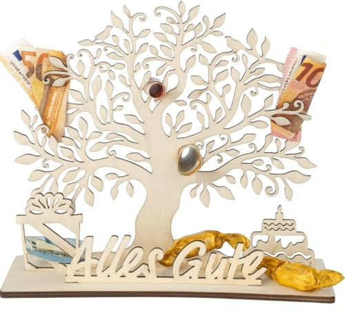 Geldgeschenk Lebensbaum aus Holz – „Alles Gute“ – Geschenkidee zum Geburtstag, Jubiläum, Hochzeit, Feier – 21 x 25 cm – dekorativer Holzbaum zum Befüllen mit Geld oder Süßigkeiten