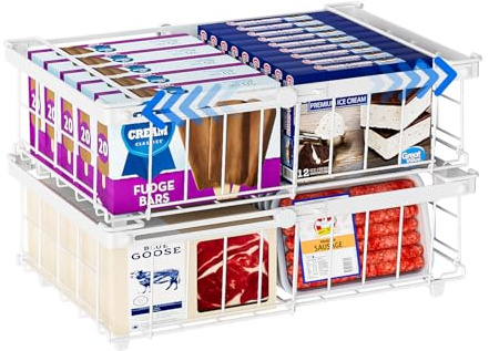 Vankarr 2 Piezas Organizador Congelador Cestas Apilables Para Congelador con Asa,Metal Organizador Arcon Congelador Apilable Extensible,(29-45.5x30.5x15cm) Blanco